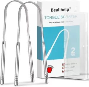 2 Pack Tongue Scraper, 100% Surgical 304 Stainless Steel Tongue Cleaner for Adul - Picture 1 of 7