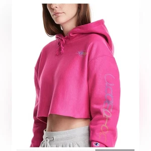 NWT Champion WOmens Reverse Weave Cropped Cutoff Hoodie Sweatshirt Pink Large - Picture 1 of 7