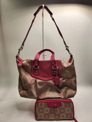 Coach Ashley Signature Tan And Pink Leather Satchel Shoulder Bag Wallet Used - Image 1 of 4