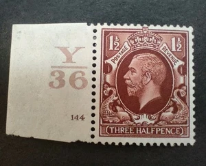 GB KGV 1934-36 1.5d Red-brown. SG441. Control Y36 Cylinder 144 no dot Mint. - Picture 1 of 2