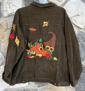 Vtg Quacker Factory Corduroy Jacket Sz 1X Brown Beaded Embroidered Pumpkins Fall - Picture 1 of 7
