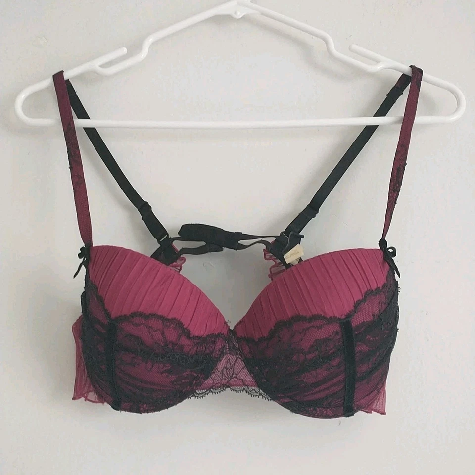 Sujetador Chantelle BOUDOIR PUSH-UP 34C Negro Rosa Encaje Volantes Lazo Con Aros Demi 3092 Foto 1 de 4