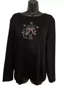 Karen Scott Top Womens XL Stretch Snowflake Bow Embroidered Sequin Cat Kitty - Picture 1 of 5