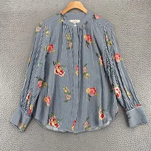 LOFT Top Womens Medium Blue Multi Floral Striped Button Up Long Sleeves Casual - Photo 1/11