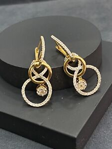 0.92 Carats Round Brilliant Diamonds Dangle Earrings In Hallmark 18K Yellow Gold