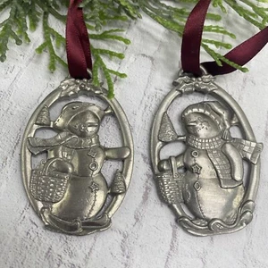 Vtg Longaberger Snow Friends Snowman Pewter Ornaments Christmas ~1999 ~Set Of 2 - Picture 1 of 7