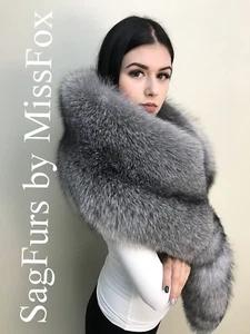 New: Saga Royal Blue frost fox fur stole wrap. Detachable tail. - Picture 1 of 3