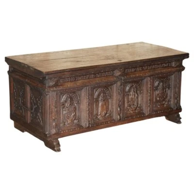 HUGE ANTIQUE 1631 DATED HAND CARVED OAK DANISH WEDDING DOWRY LINEN TRUNK COFFER - Image 1 of 4