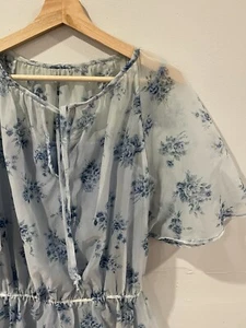 Vintage 70s Floral Maxi Dress Sheer Lined Handmade Festival Chiffon Blue Large - Picture 1 of 9