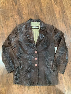 Mujer Excelled Chaqueta Cuero Marrón Talla Pequeña Piel Serpiente Patrón Foto 1 de 4