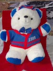 White 1989 K-Mart Christmas Bear Santa's Club Blue Sweater Vest Bow Tie 20" tags - Picture 1 of 9