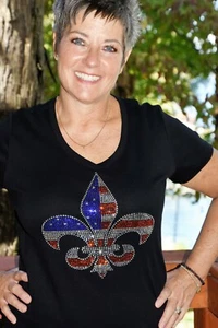 USA Fleur de Lis Strass Shirt XS S M L XL XXL 1X 2X 3X 4X 5X amerikanische Flagge - Bild 1 von 12