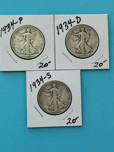 1934-P, 1934-D, and 1934-S Walking Liberty Half Dollars - Picture 1 of 2