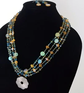 Larzo Necklace 4-strand Pendant Blue Amber Colors Antique + Modern Bead Earrings - Picture 1 of 19