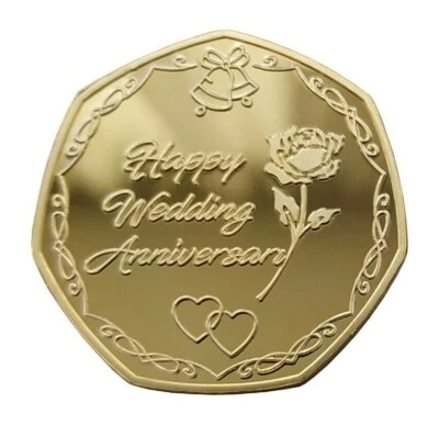 7 SIDED MINT 'Happy Wedding Anniversary' Gold Plated Commemorative Coin / Gift / Present
