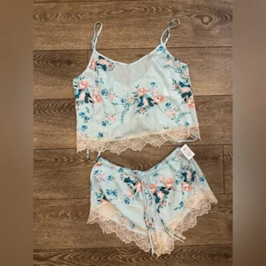 In Bloom By Jonquil Aqua Floral Lace Trim Sleepwear Set Large NWT - Bild 1 von 7