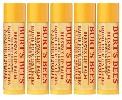 5 X BURT'S BEES LIP BEESWAX LIP BALMS MOISTURISING 100% NATURAL with VITAMIN E