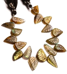 Natural Rainbow Fire Labradorite Gems 15 to 19 mm Carved Leaf Shape Beads 7.5" - Picture 1 of 8