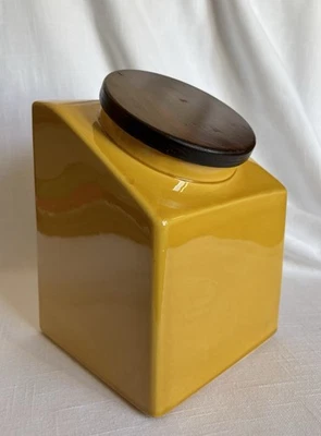 Vintage HYALYN USA Tilt Front Opening CANISTER JAR 199M~ 7" Mustard Yellow Gold - Image 1 of 4