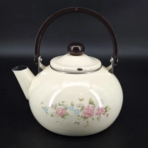 Vintage Pfaltzgraff Teerose Metall Emaille Teekanne/Wasserkocher mit Deckel - Bild 1 von 12