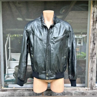 Vintage Mens Leather Loft Black Leather Bomber Flight Jacket~L~ - Image 1 of 4