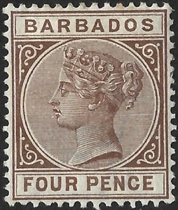 Barbados 1882-86 QV 4d Pale Brown  SG.98 Mint (Hinged)  Cat:£35 - Picture 1 of 2