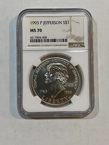 1993 P US Mint Thomas Jefferson Unc Silver Dollar NGC MS70 Cover