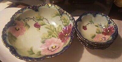 Vintage Hand Painted Nippon Floral Moriage 6 Piece Berry Bowl Set Floral Gold • 35€