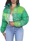 Women's Cute Stand Collar Paisley Quilted Puffer Crop Down Alternative Jacket