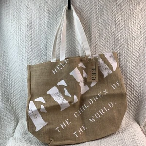 Clarins Burlap Canvas Tote Bag 7 FEED The Children Of The World 15X18X6” Shopper - Picture 1 of 15