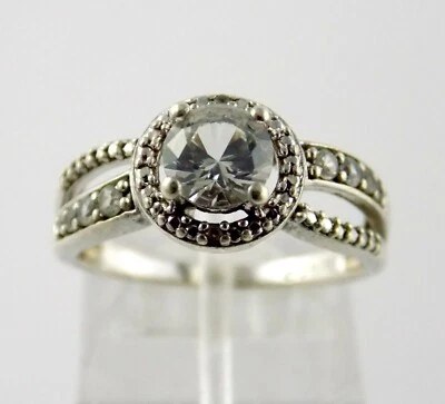 Anillo de plata de ley con topacio blanco con detalles 925 talla 6,75 diseño de halo 3,2 g Foto 1 de 4