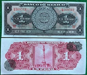 1957 Mexico Banknote 1 Peso UNC Paper Money Aztec Calendar SERIE GS PREFIX Q 36 - Picture 1 of 6