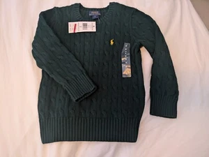 Polo Ralph Lauren Youth Boys Sweater Hunter Green Cable Knit Cotton Sz 5 - Picture 1 of 3