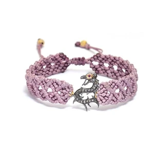 925 Sterling Silver & Gold Pave Diamond Dragon Shape Macrame Adjustable Bracelet - Picture 1 of 4