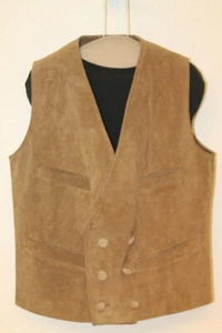 HERREN SANQUOO VINTAGE OCKER BRAUN WILDLEDER/LEDER ZWEIREIHIGE WESTE GR. S - Bild 1 von 5