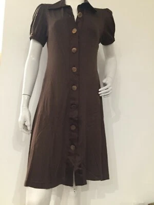 Розовый Tartan платье коричневый w/золотой кнопка спереди и атласный воротник Sz M - Изображение 1 из 4