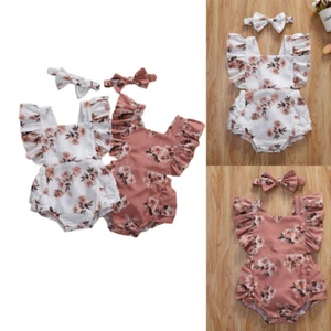 Newborn Baby Girl Bodysuit Short Sleeve Romper Jumpsuit + Headband 2PCS Set - Picture 1 of 14