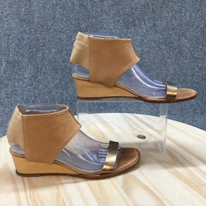Ankle Strap Wedge Sandals Womens 38 Metallic Gold Brown Leather Casual Open Toe - Picture 1 of 20