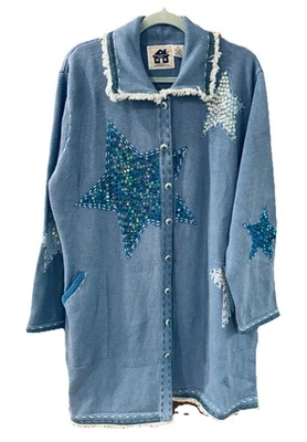 Chaqueta Suéter STORYBOOK KNITS Azul Bordado Lentejuelas Estrellas Gran Tamaño 2X Foto 1 de 4