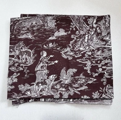 Whimsical Brown Toile Country Animals Village Scene Vintage Cotton Fabric 36x44” - Image 1 of 4