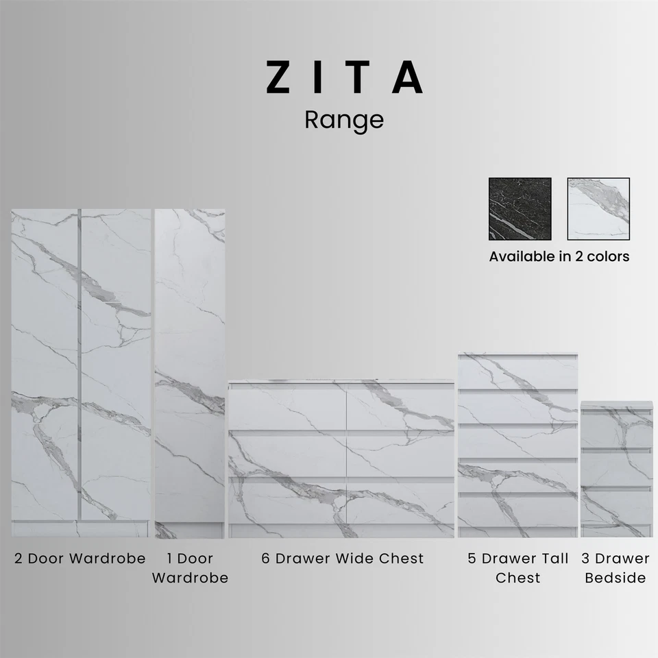 ZITA Bedroom Furniture Range Wardrobe Chest Bedside in White Marble Effect - Image 1 of 1