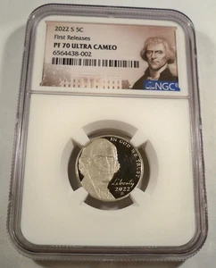 2022-S 5c NGC PF70UCAM JEFFERSON NÍQUEL PR 70 ULTRA CAMAFEO - Imagen 1 de 4