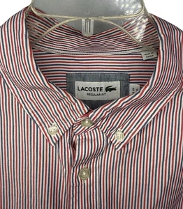 Lacoste Mens XL Long Sleeve Button Down Shirt Red White Blue Striped Regular Fit - Picture 1 of 9