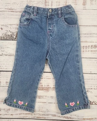Vintage Y2K Toddler Girls 24M Denim Jeans with Pink Heart & Flower Embroidery - Image 1 of 4