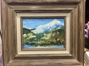 Pintura al óleo vintage enmarcada paisaje de montaña 6x8 original - Imagen 1 de 2