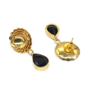 Black Spinel Flower Earrings Brass Jewelry Gold Plated Earrings 1.5" To 2" j512 - Picture 1 of 5