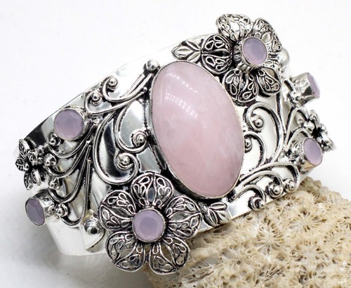 VALENTINO 925 Sterling Silver Natural Rose Quartz Gemstone Jewelry Cuff Bracelet S ADJ"
