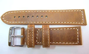 .24MM GERMAN MADE TAN LEATHER STITCHED STRAP & STEEL BUCKLE BY GLYCINE #M - Picture 1 of 3