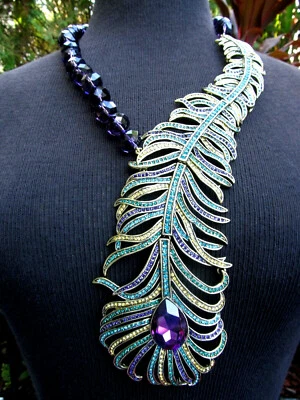 Peacock Crystal Necklace Heidi Daus Bronze Enamel 15 Inch Statement NEW - Image 1 of 4
