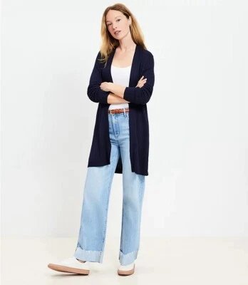 Talbots Ribbed Open Navy Cardigan with Gold Button Sleeves Size XS - Image 1 of 4